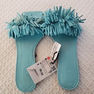 Zara Leather Fringe Sandals in Turquoise size 38